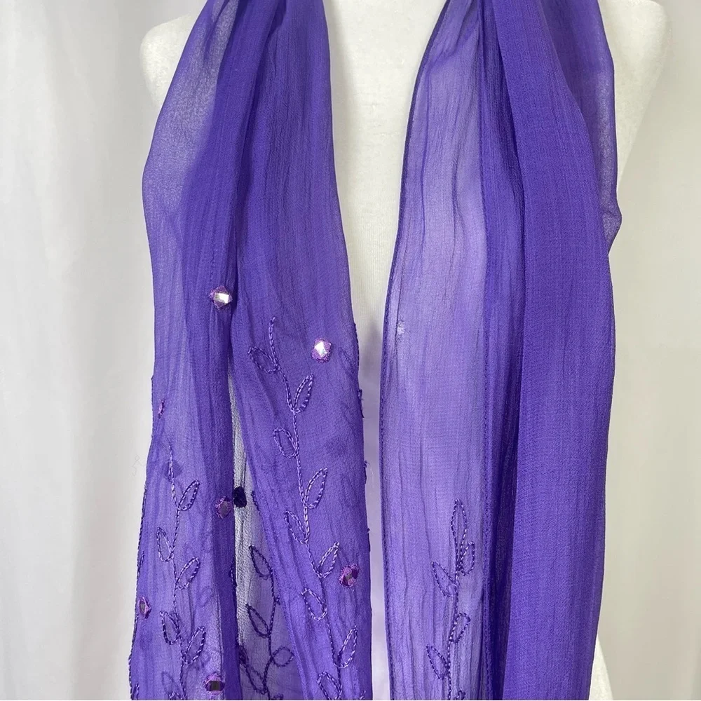 Vintage Embroidered Gauze Jewel Tone Boho Mirror Floral Scarf Shawl Elegant